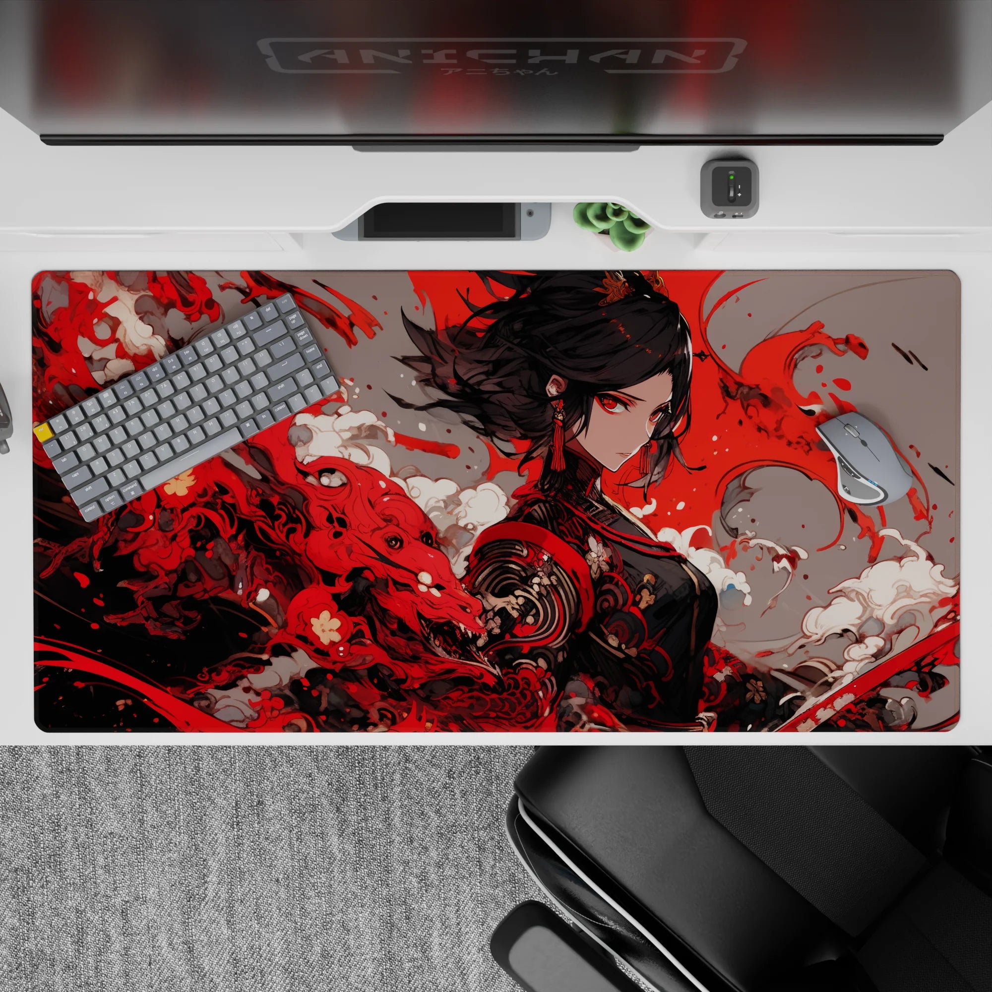Crimson, smoky white, and deep charcoal anime girl desk pad 40x20 inches with fierce, dramatic vibe.