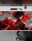 Crimson, smoky white, and deep charcoal anime girl desk pad 40x20 inches with fierce, dramatic vibe.