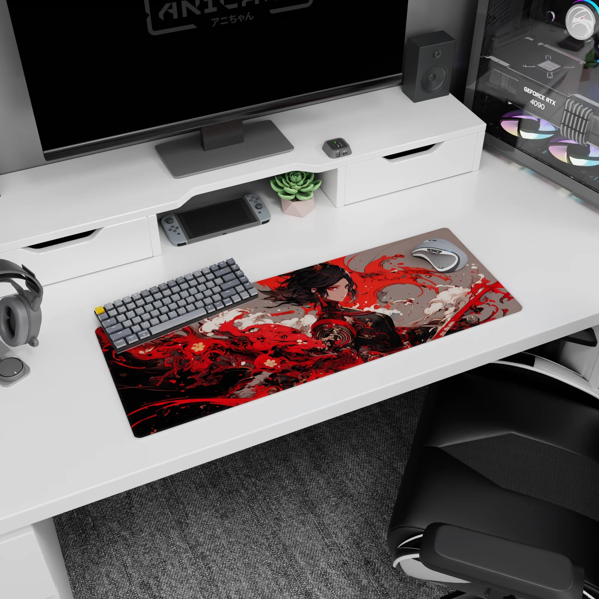 32x12 inches anime girl mouse pad showing calm warrior with midnight hair in a swirling crimson storm.