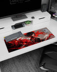 32x12 inches anime girl mouse pad showing calm warrior with midnight hair in a swirling crimson storm.