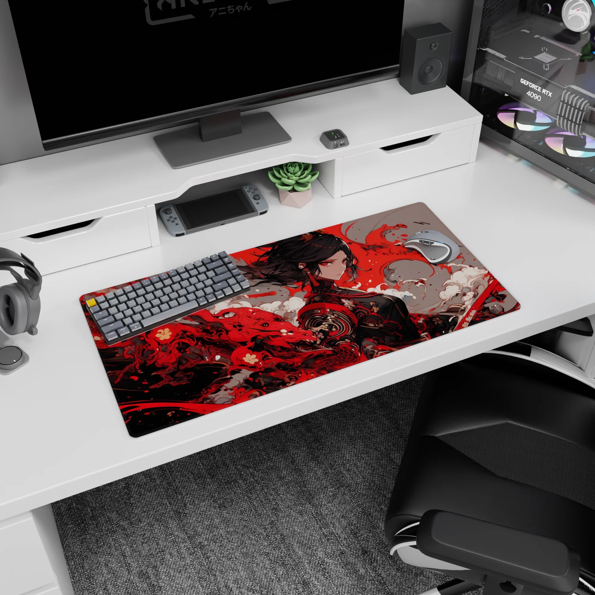 Anime girl mouse pad 32x16 inches showing a calm warrior as a crimson storm swirls, hair like midnight ink.