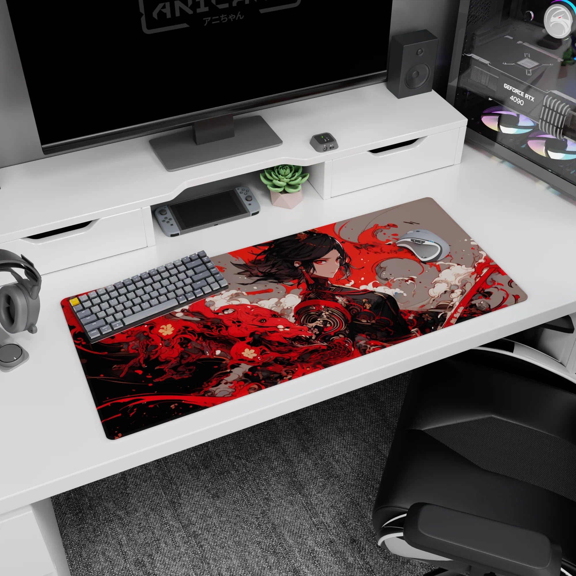 Anime warrior girl in black with tassel earrings amid a swirling crimson storm desk pad 36x16 inches.