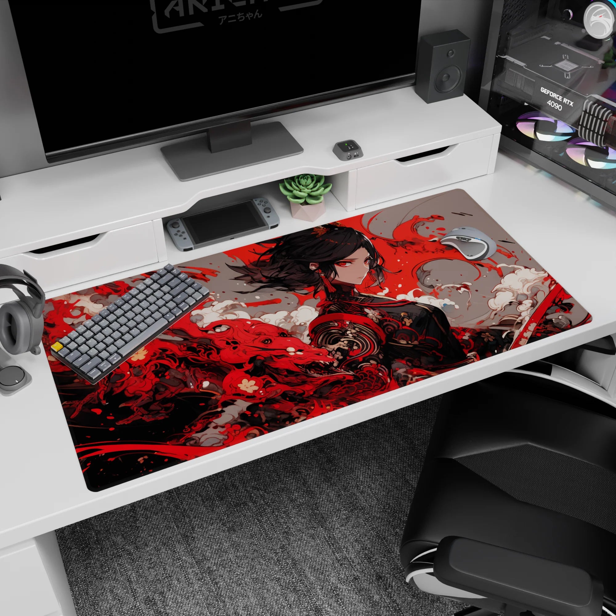 Sharp-eyed anime warrior woman with midnight hair and tassel earrings on desk pad 40x20 inches.