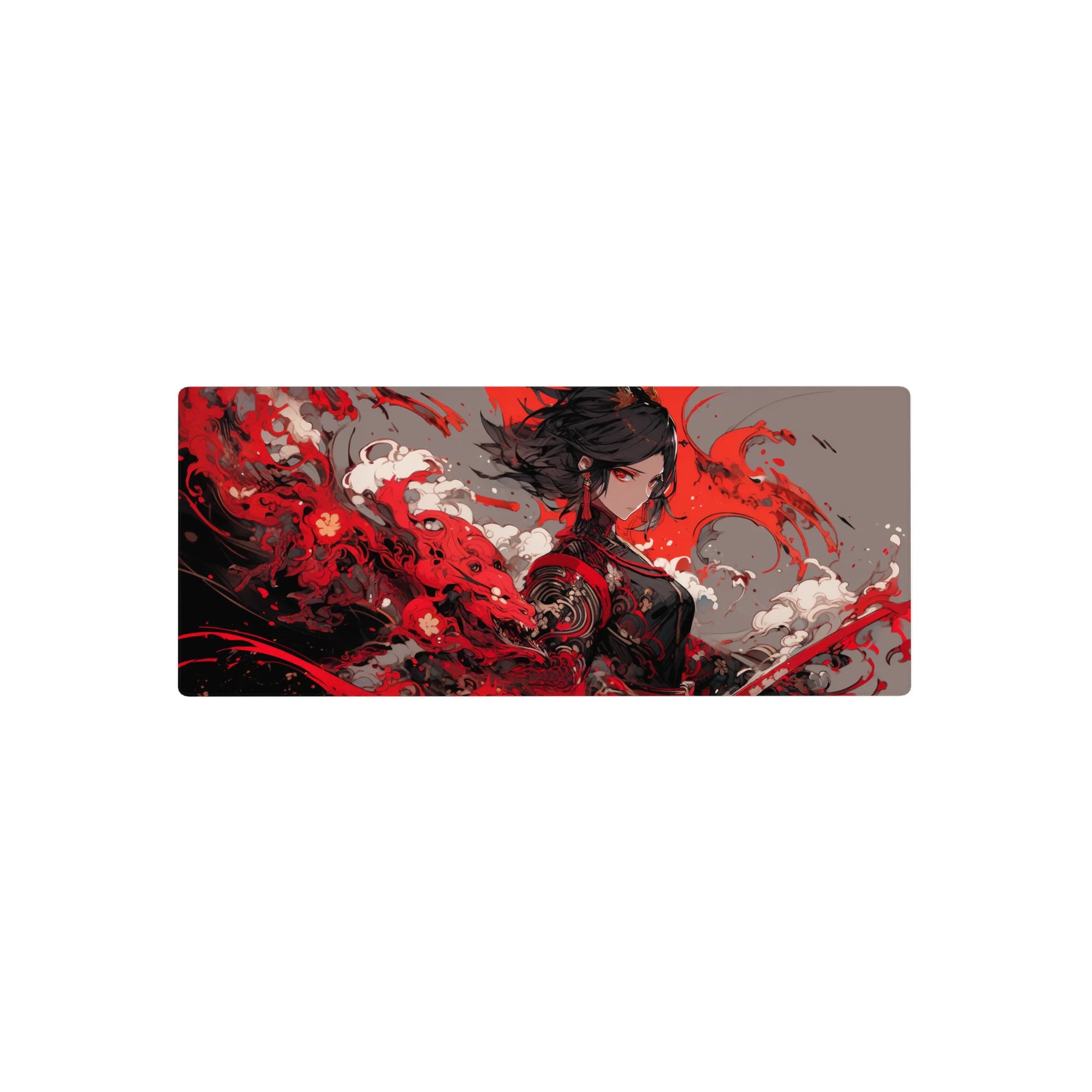 28x12 inches anime girl mouse pad with sharp-eyed warrior, bold paint-splash art, ornate black outfit.