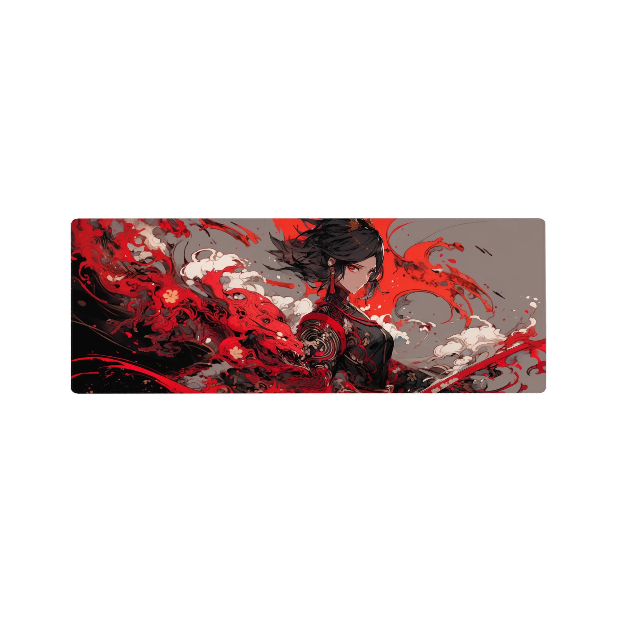 32x12 inches anime girl mouse pad with sharp-eyed warrior, bold paint-splash art and ornate black outfit.