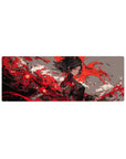 32x12 inches anime girl mouse pad with sharp-eyed warrior, bold paint-splash art and ornate black outfit.