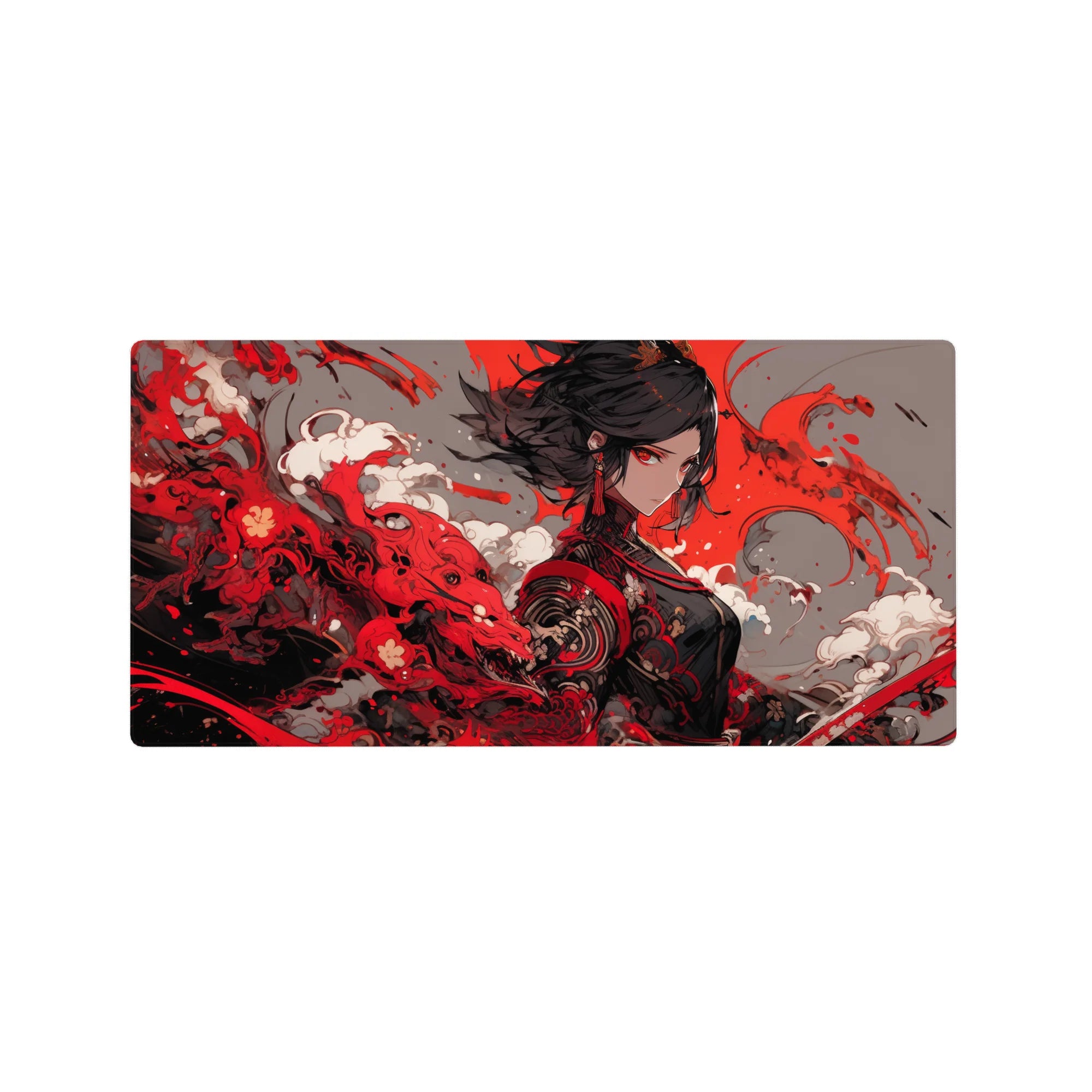 Anime girl mouse pad 32x16 inches with sharp-eyed warrior art, bold paint-splash patterns, ornate black outfit.