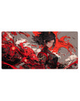 Anime girl mouse pad 32x16 inches with sharp-eyed warrior art, bold paint-splash patterns, ornate black outfit.