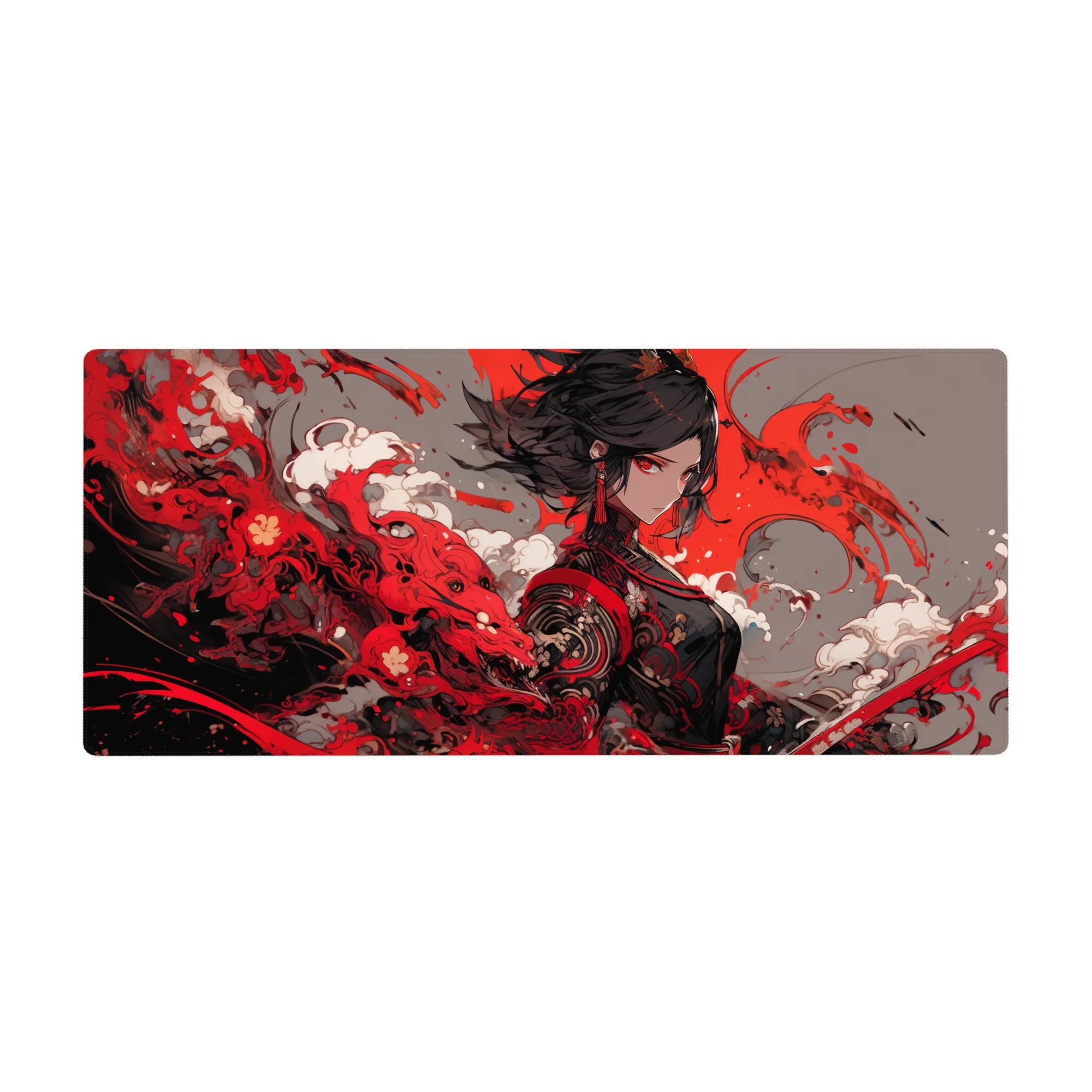 Anime girl desk pad 36x16 inches with sharp-eyed warrior and bold paint-splash storm design.