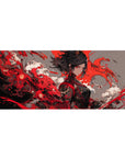 Anime girl desk pad 36x16 inches with sharp-eyed warrior and bold paint-splash storm design.