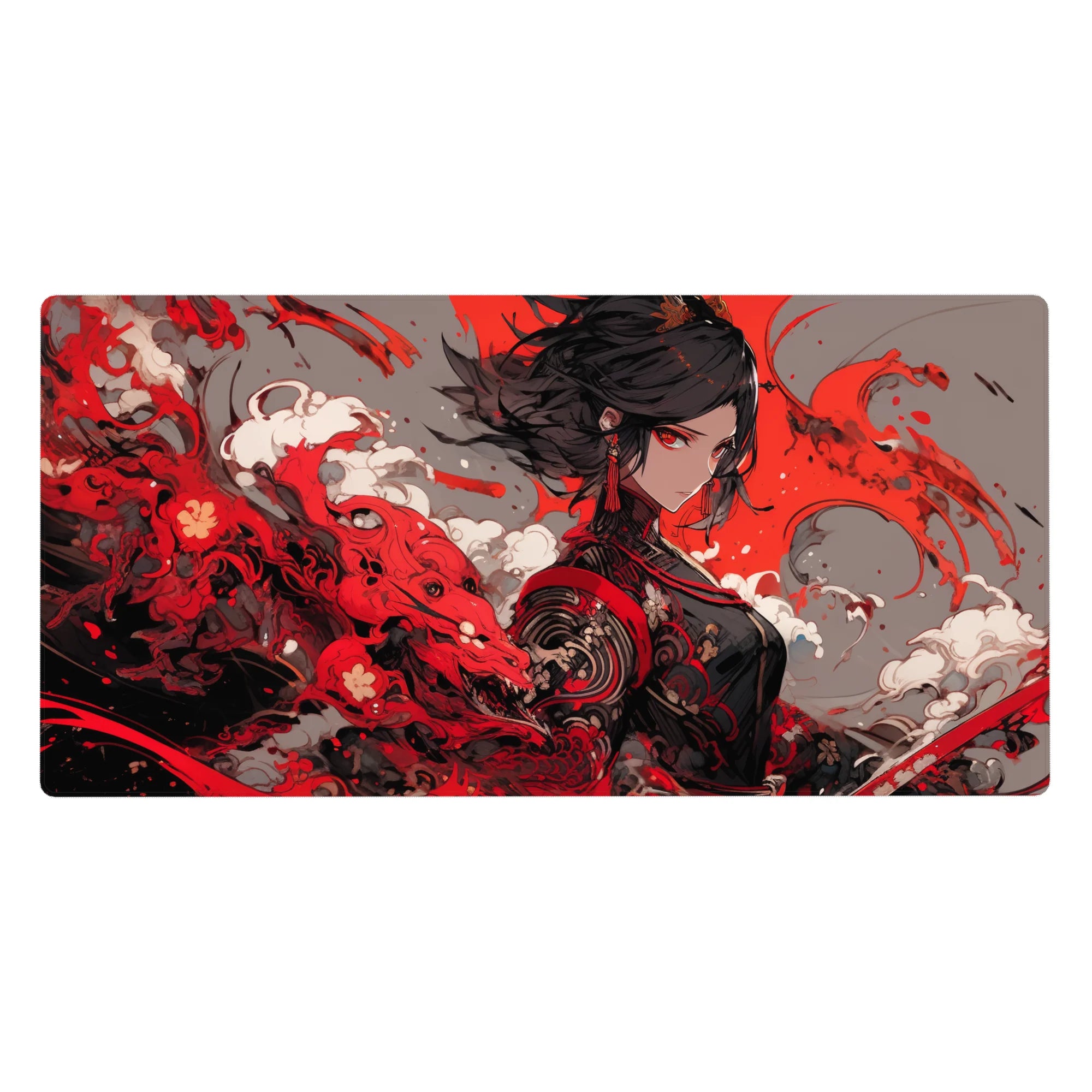 Anime girl desk pad 40x20 inches with sharp-eyed warrior and bold paint-splash patterns in red and charcoal.