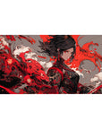 Anime girl desk pad 40x20 inches with sharp-eyed warrior and bold paint-splash patterns in red and charcoal.
