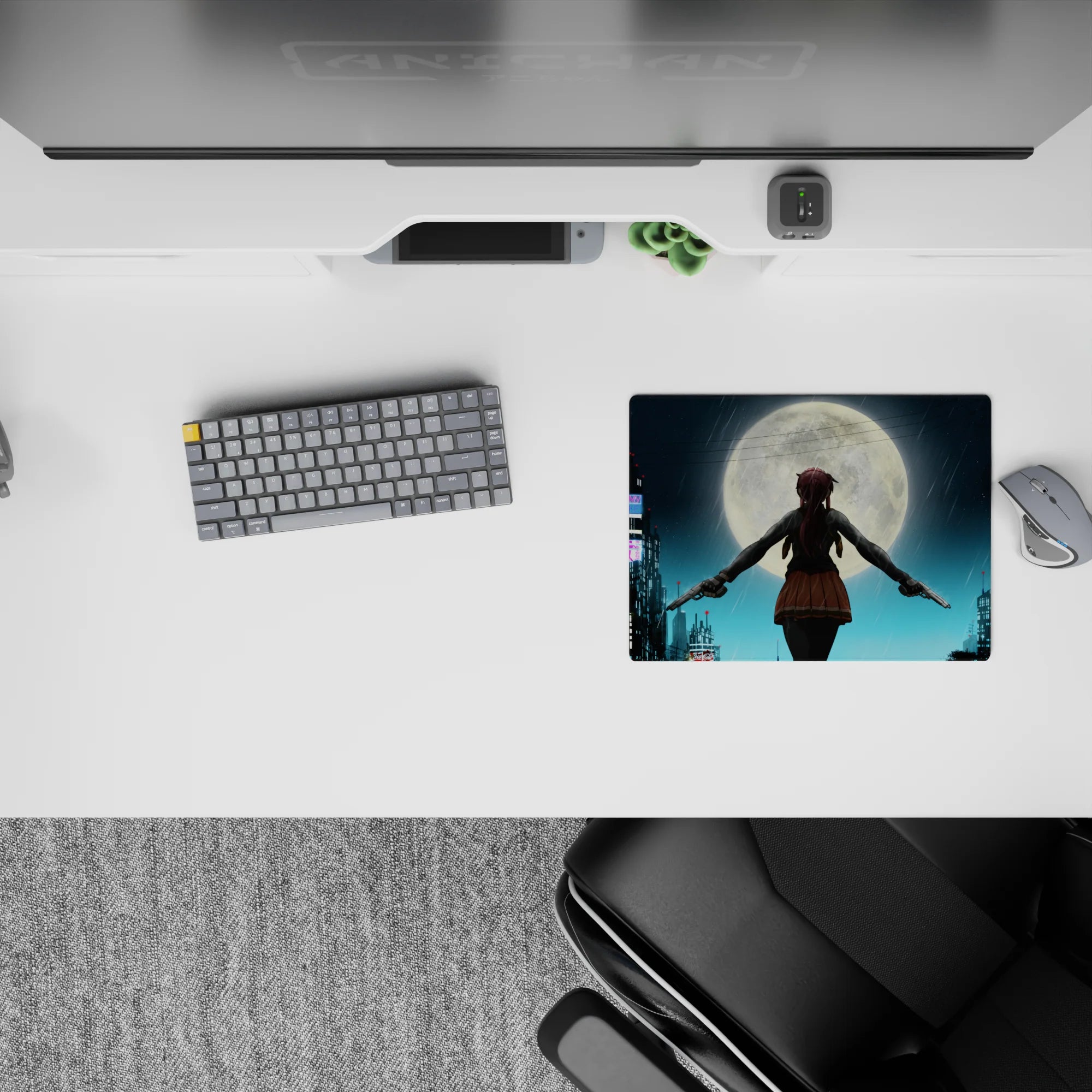 Classic anime girl mouse pad 14x10 inches in icy blues and neon glow, moody rain-lit night vibe.