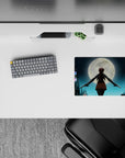 Classic anime girl mouse pad 14x10 inches in icy blues and neon glow, moody rain-lit night vibe.