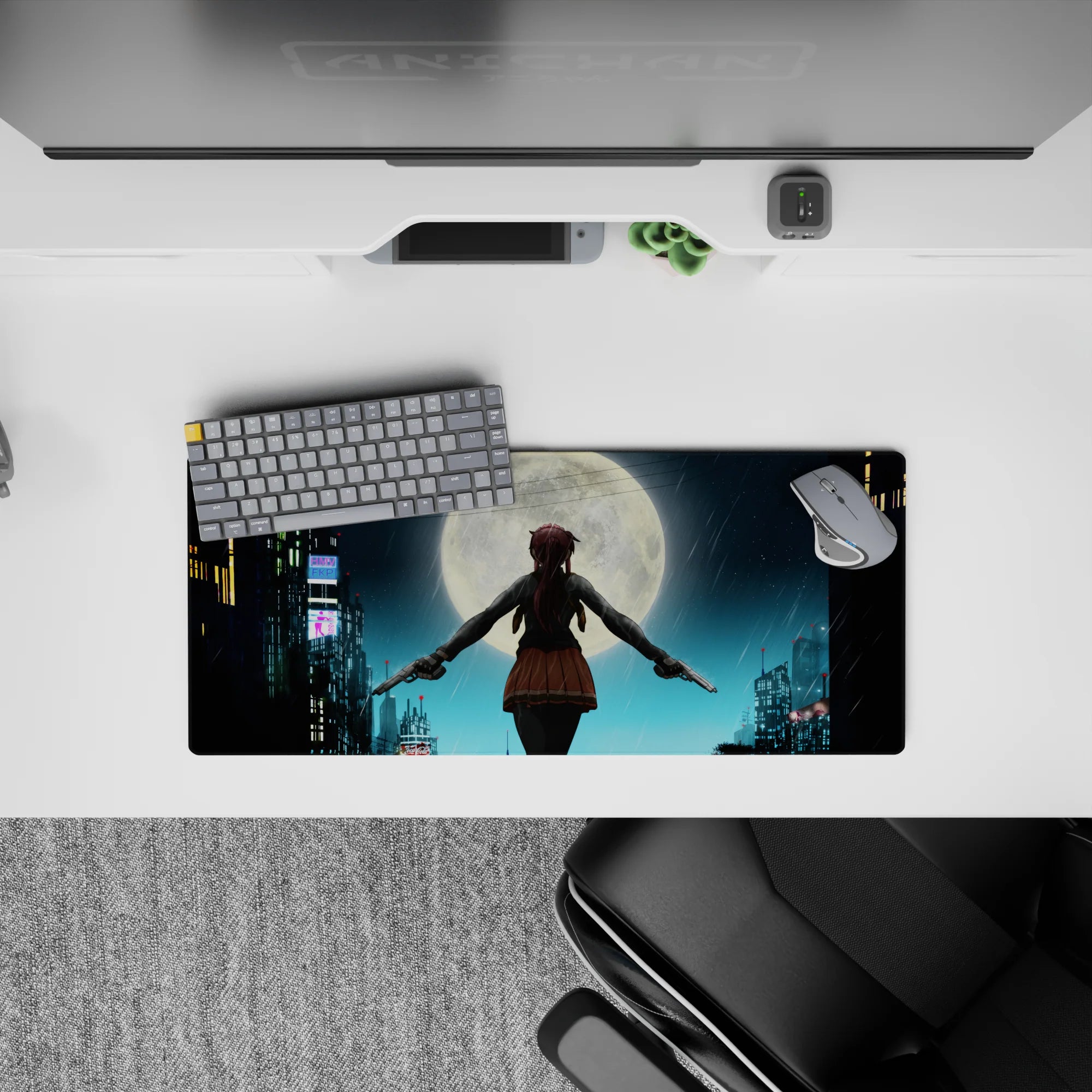 Moody icy blues with glowing neon signs and rain, anime girl mouse pad 28x12 inches.