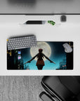 Moody icy blues with glowing neon signs and rain, anime girl mouse pad 28x12 inches.