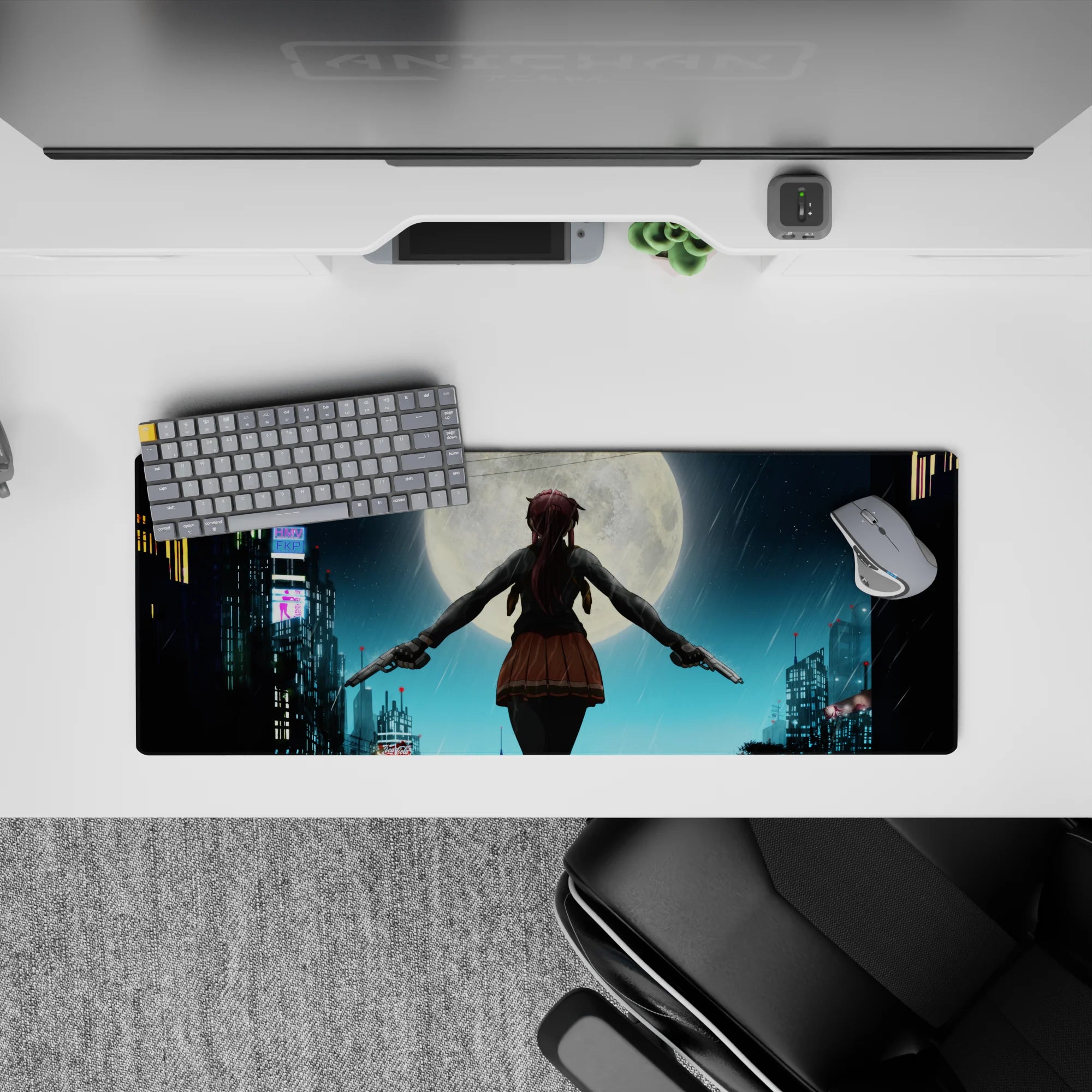32x12 inches anime desk mouse pad in icy blues with glowing neon signs, moody rain and dreamy night vibe.