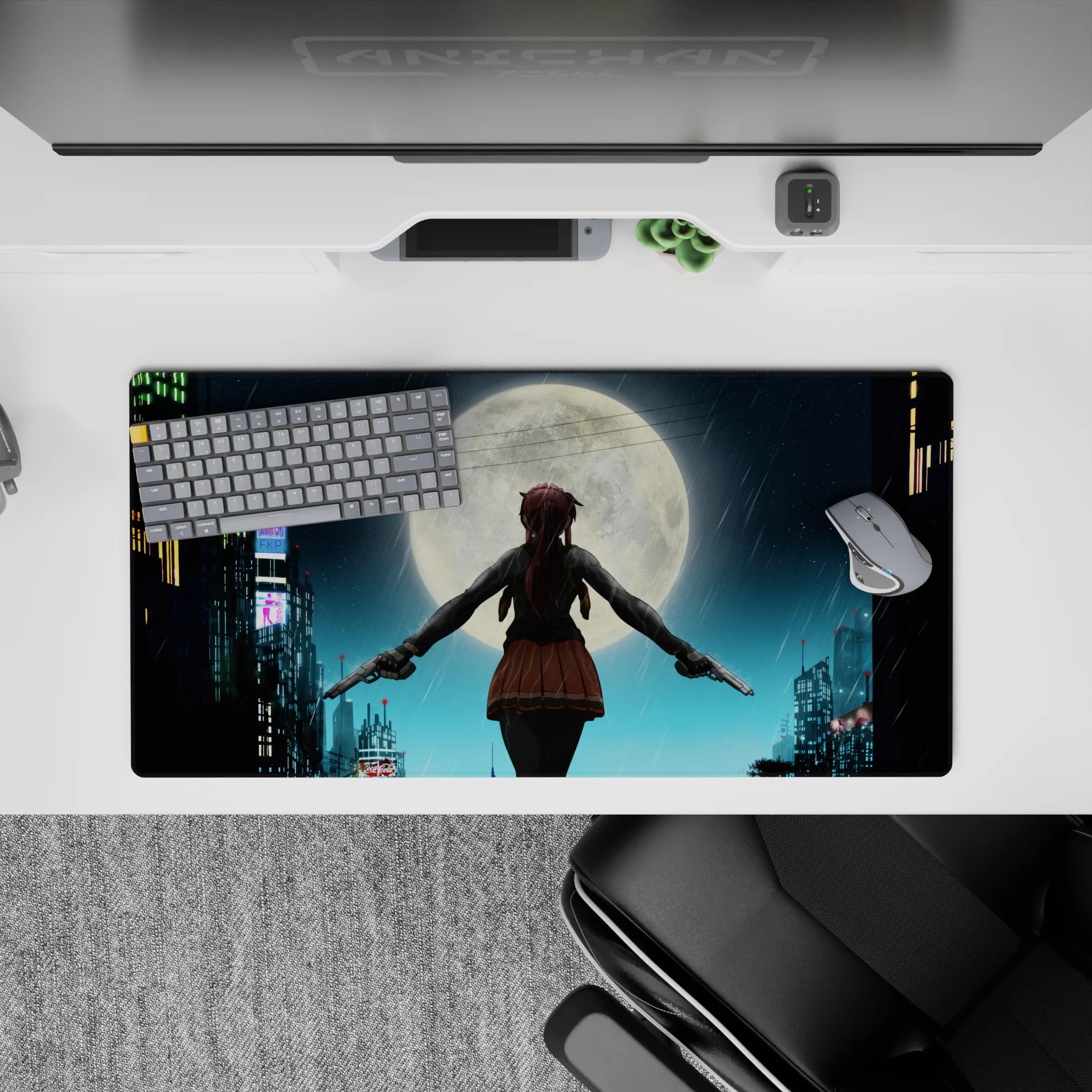 Moody blue neon rain and moonlit skyline anime girl mouse pad 32x16 inches, cinematic desk mat.