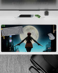 Moody blue neon rain and moonlit skyline anime girl mouse pad 32x16 inches, cinematic desk mat.