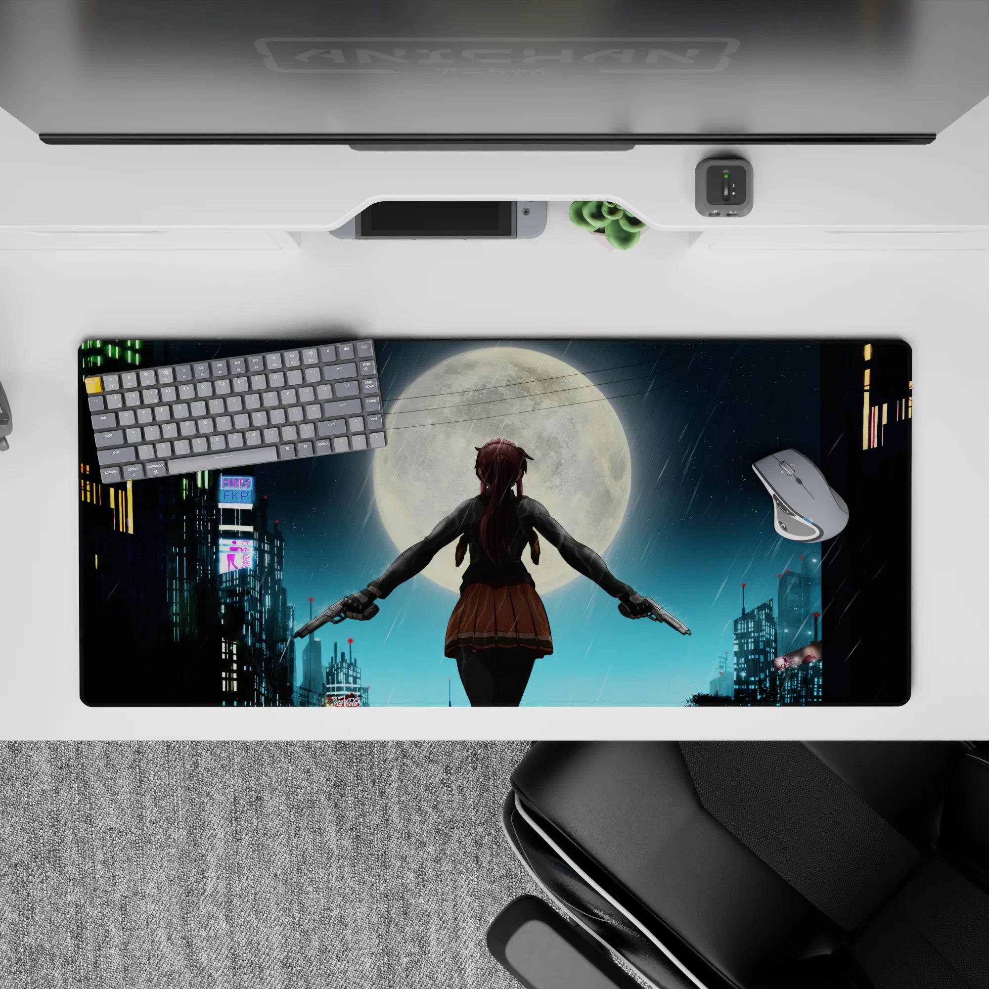Moody blue neon anime girl desk pad 36x16 inches, rain-slick skyline glow with warm brown accents.