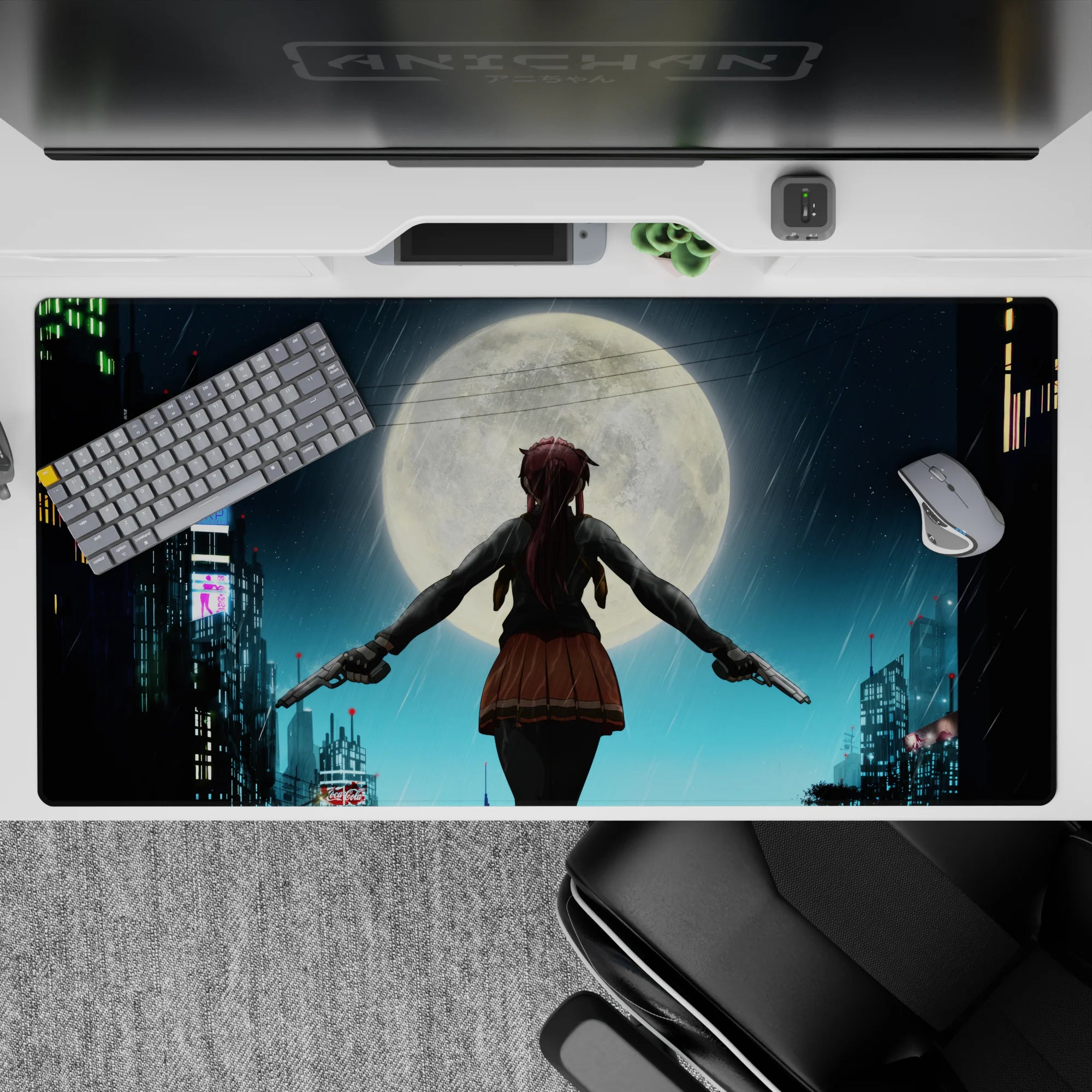 Moody icy blues and neon glow desk pad with warm brown skirt anime art, 40x20 inches.