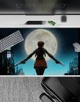 Moody icy blues and neon glow desk pad with warm brown skirt anime art, 40x20 inches.