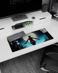 Ponytailed anime girl standing arms wide with dual pistols under giant moon, mouse pad 28x12 inches.