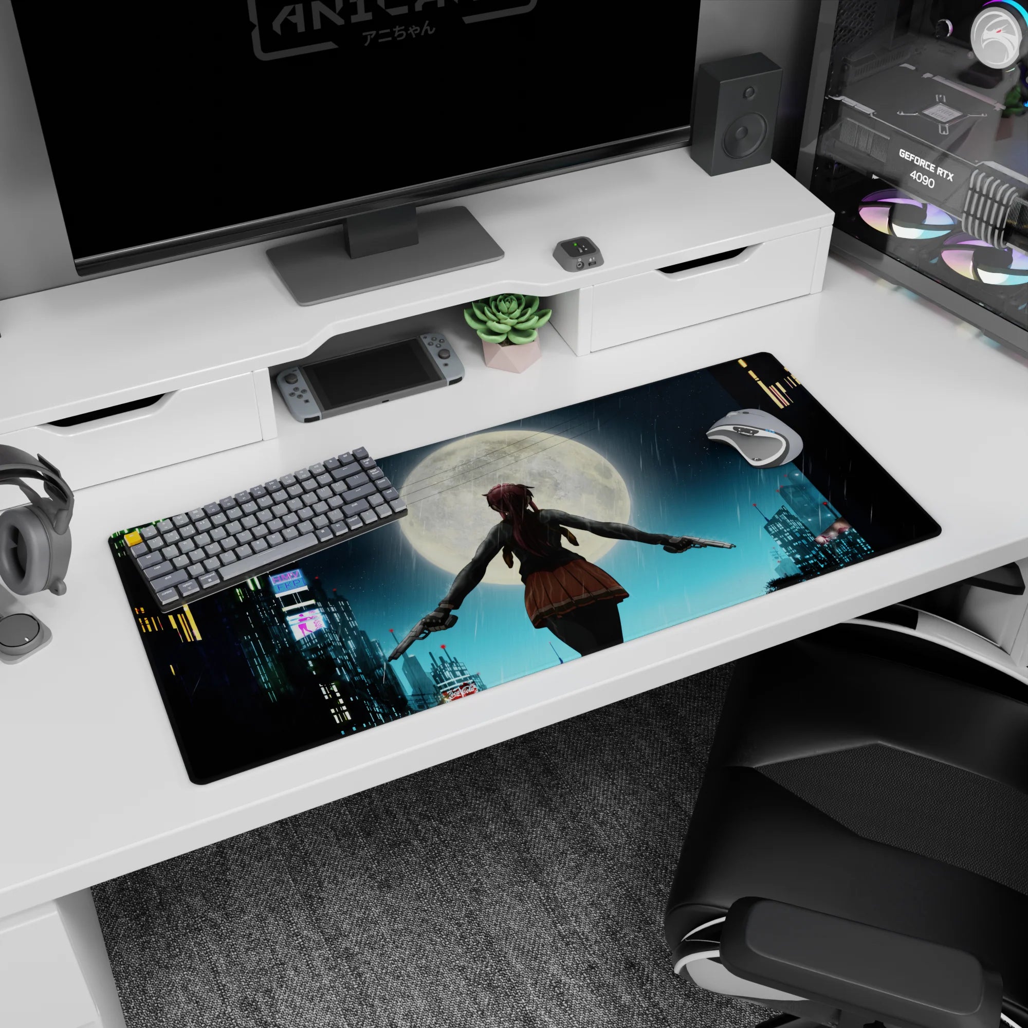 Confident ponytailed anime girl with twin pistols under a full moon on desk pad 36x16 inches.