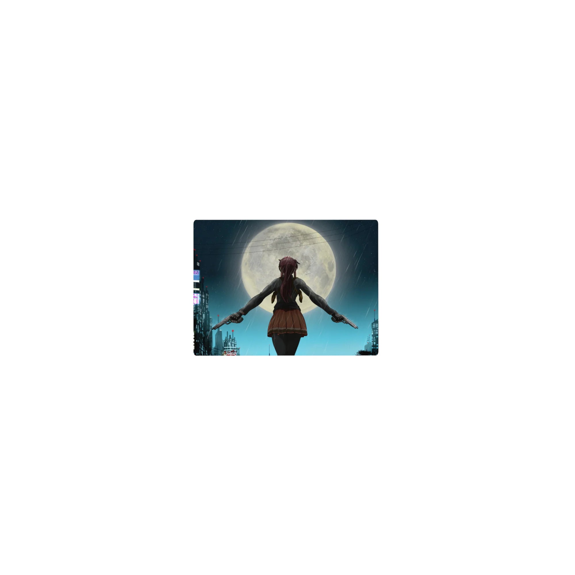 Classic anime girl mouse pad 14x10 inches, neon rainy city rooftop with full moon, dual pistols pose.