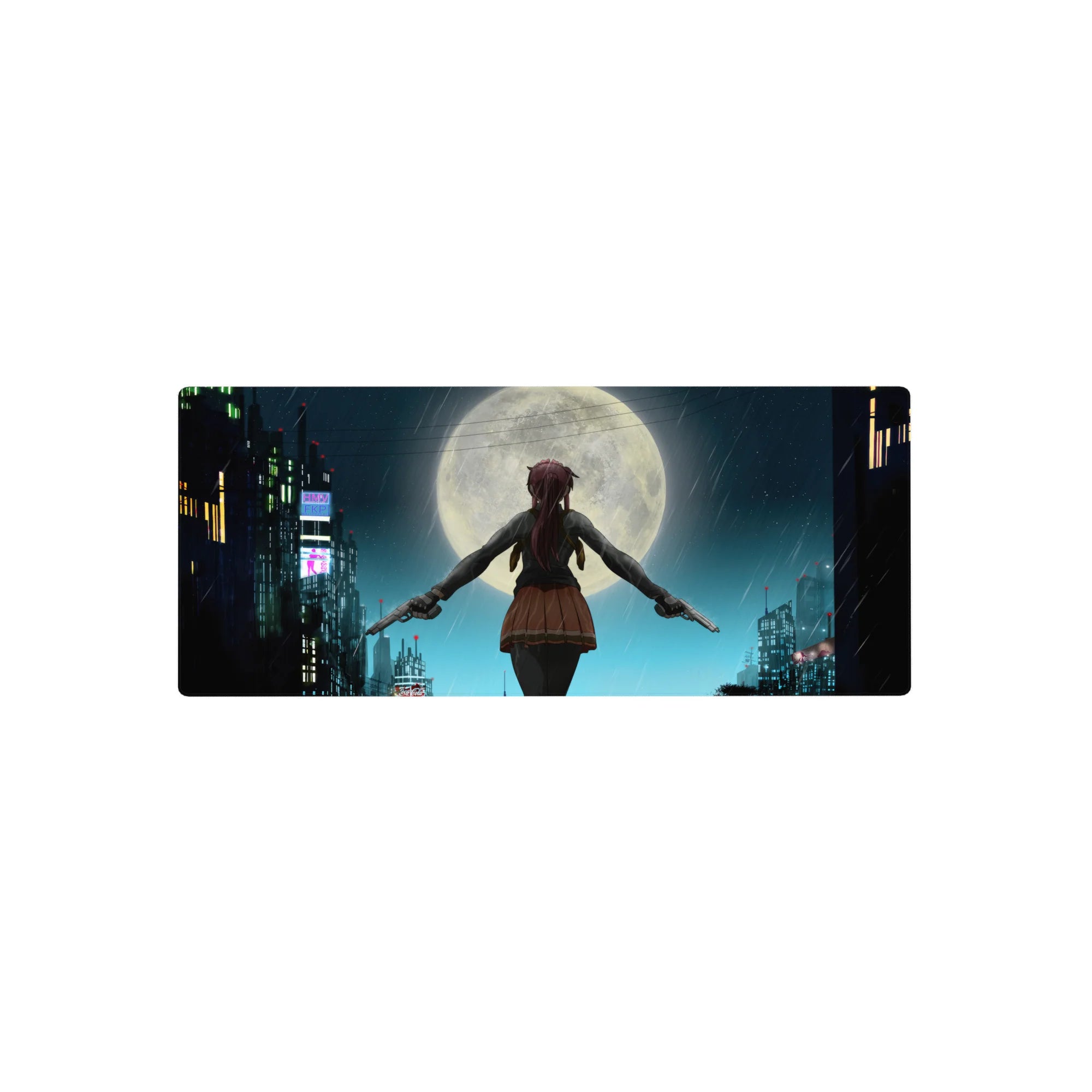 Neon rainy city rooftop anime girl mouse pad, full moon backdrop, twin pistols, 28x12 inches.