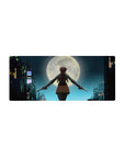 Neon rainy city rooftop anime girl mouse pad, full moon backdrop, twin pistols, 28x12 inches.