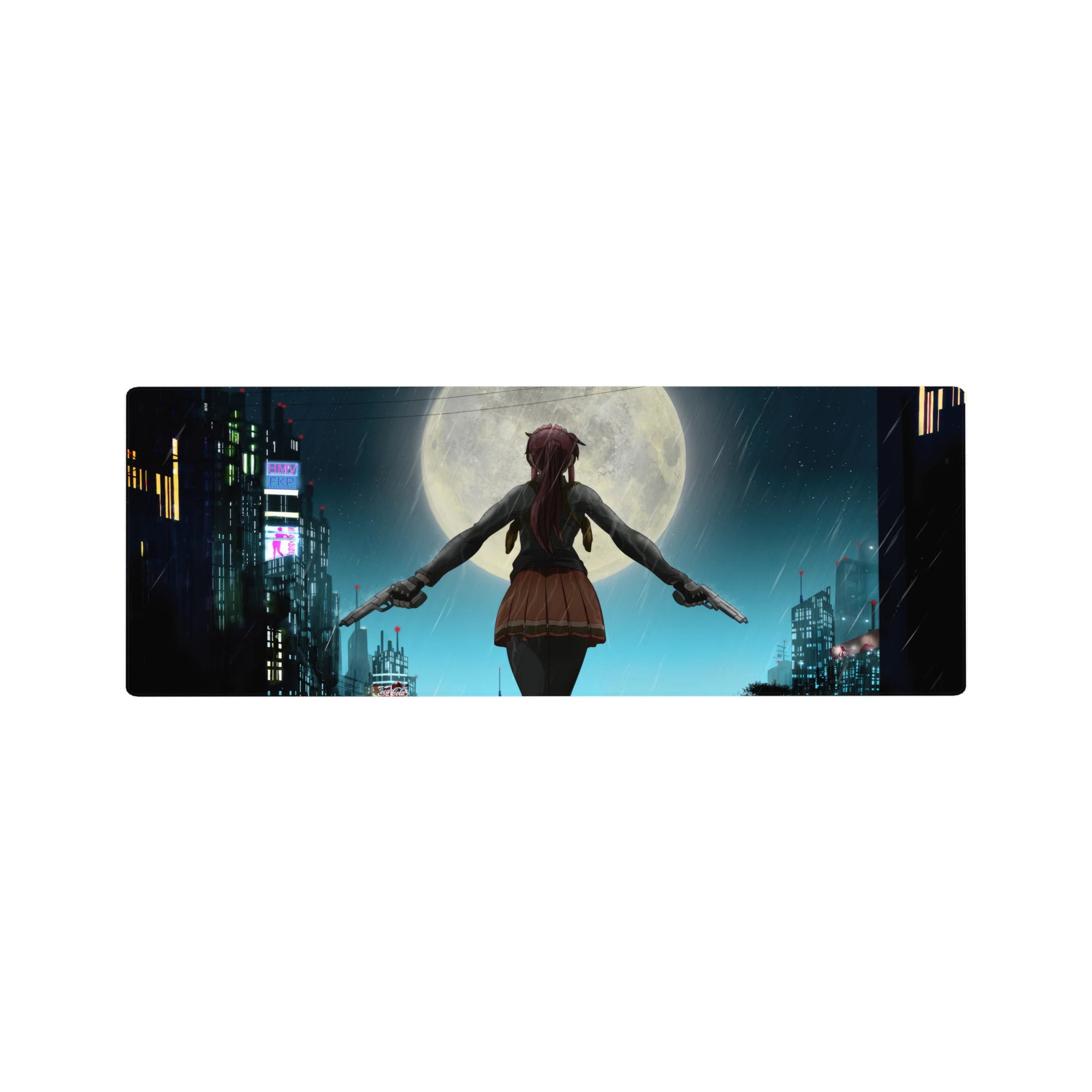 32x12 inches anime girl mouse pad with neon rainy city rooftop, full moon backdrop, cinematic desk mat.