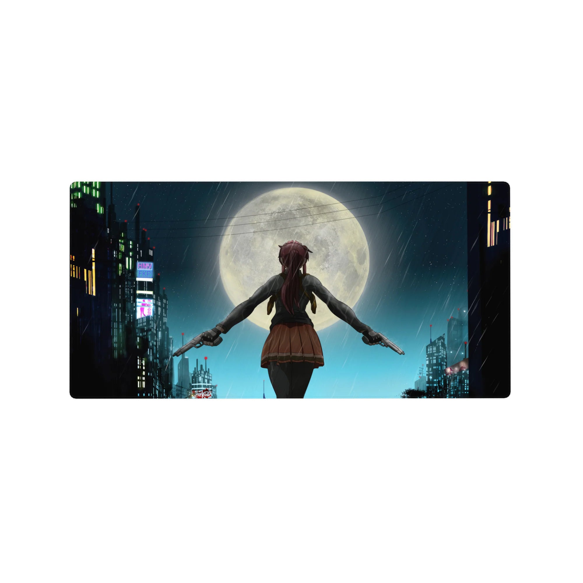 Anime girl mouse pad 32x16 inches with neon rainy city rooftop, giant moon, dual pistols artwork.