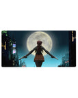 Anime girl mouse pad 32x16 inches with neon rainy city rooftop, giant moon, dual pistols artwork.
