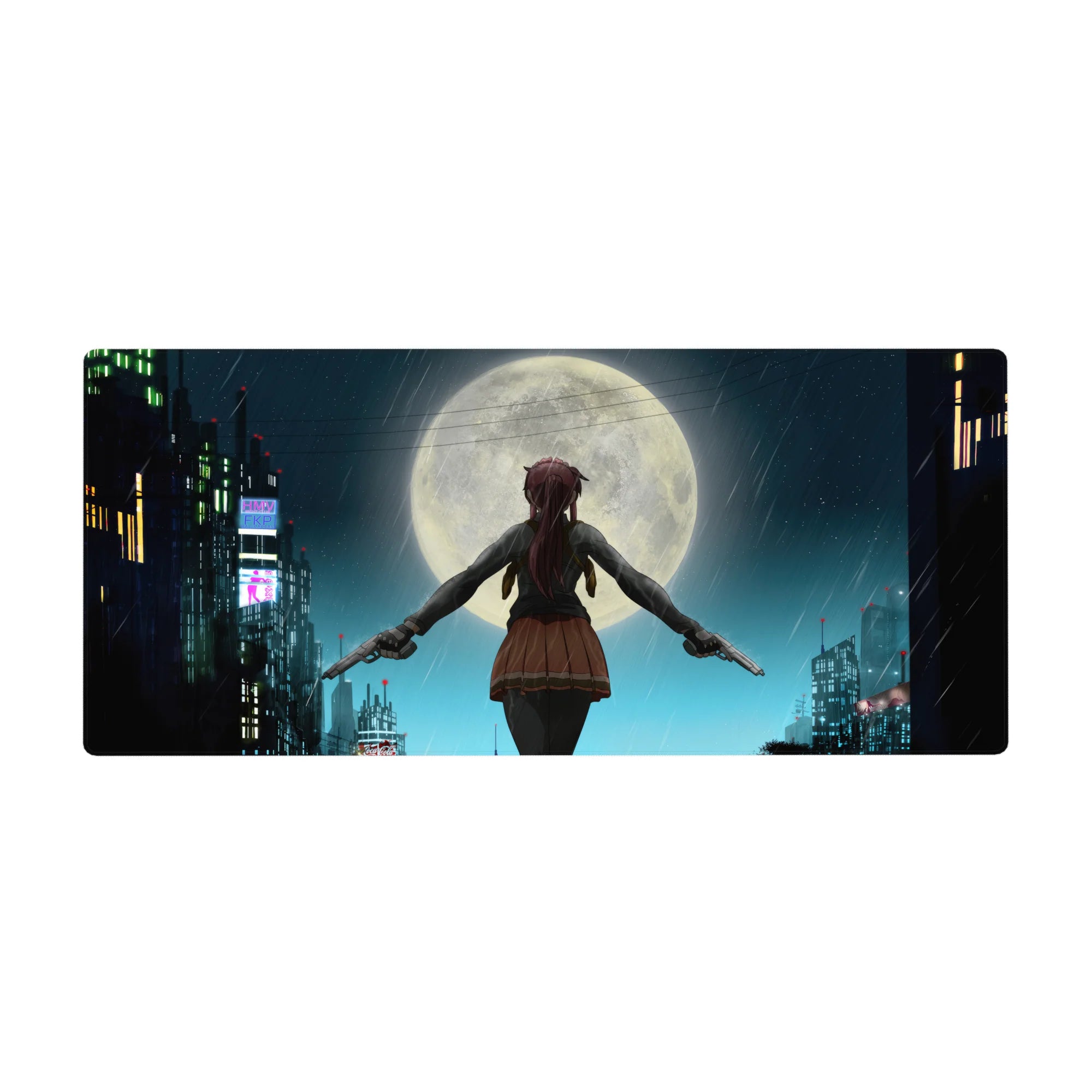 Anime girl desk pad 36x16 inches with neon rainy city rooftop, giant moon, twin pistols, cinematic detail.