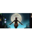 Anime girl desk pad 36x16 inches with neon rainy city rooftop, giant moon, twin pistols, cinematic detail.