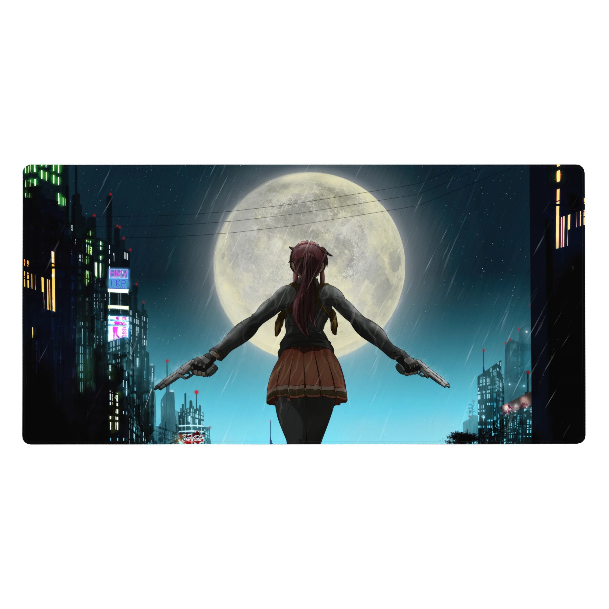Neon rainy city rooftop anime girl desk pad, twin pistols under a giant moon, 40x20 inches.