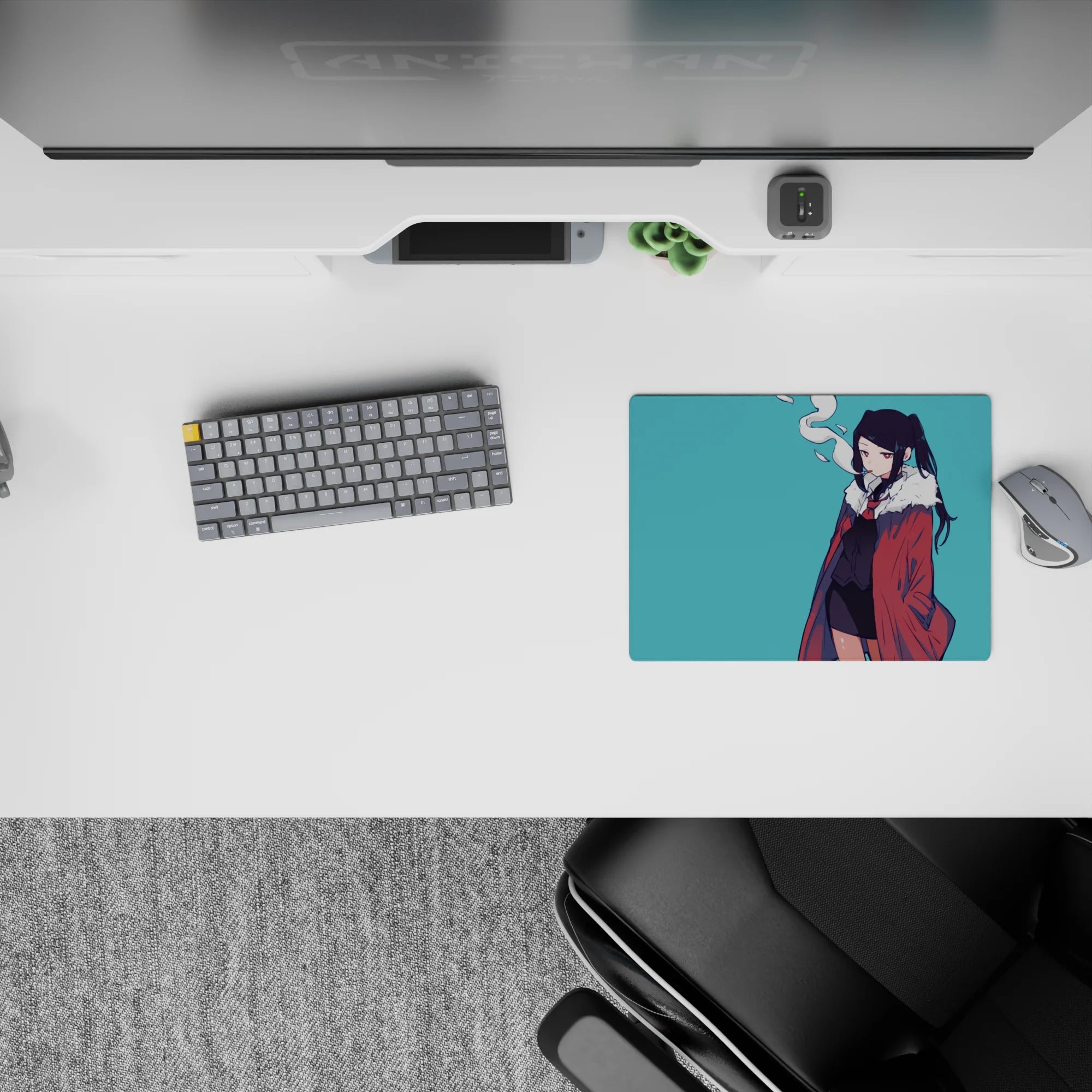 Teal backdrop anime mouse pad 14x10 inches with moody vibes, red coat contrast, and soft smoke detail.