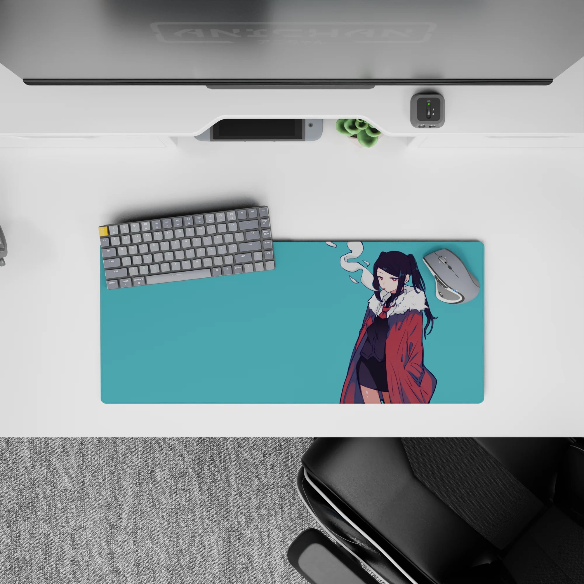 28x12 inches teal background anime mouse pad with moody vibes, dark hair contrast, soft smoke curl.