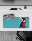 28x12 inches teal background anime mouse pad with moody vibes, dark hair contrast, soft smoke curl.