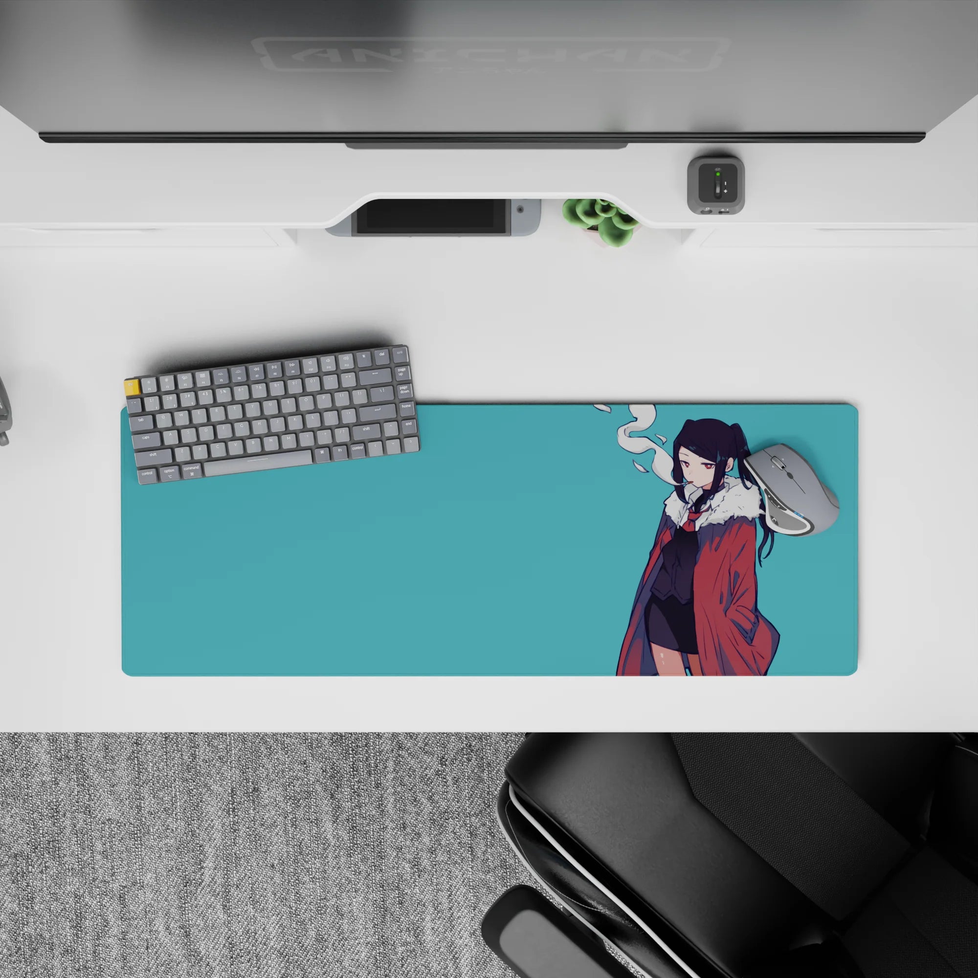 Moody teal anime mouse pad 32x12 inches, dark hair pops, soft smoke curl, clean lines and sass.