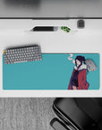 Moody teal anime mouse pad 32x12 inches, dark hair pops, soft smoke curl, clean lines and sass.