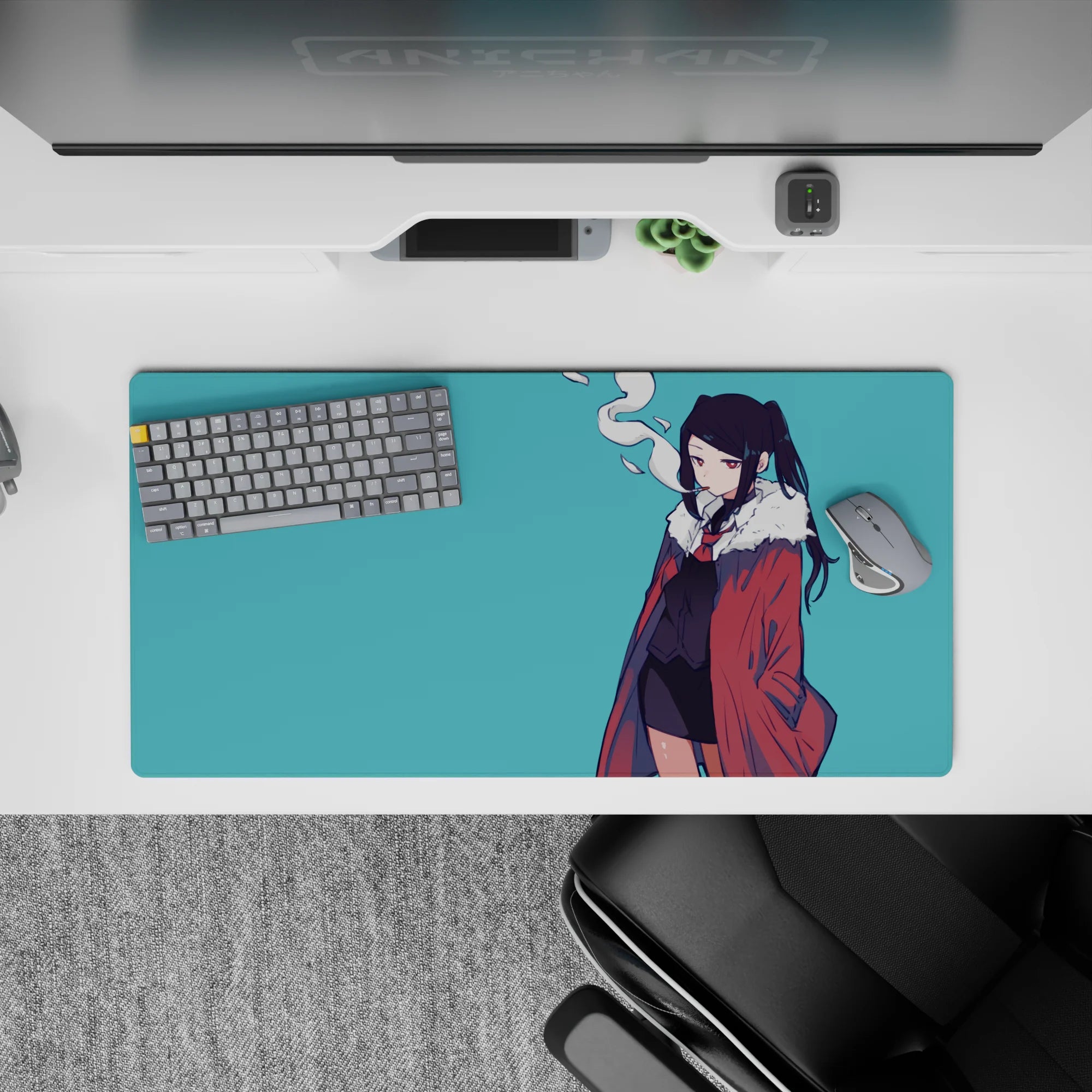 Teal backdrop anime girl mouse pad 32x16 inches with moody vibes, dark hair contrast, soft smoke curl.