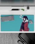 Teal backdrop anime girl mouse pad 32x16 inches with moody vibes, dark hair contrast, soft smoke curl.