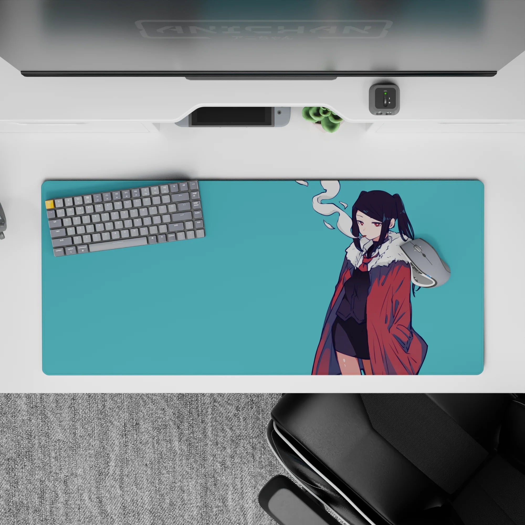Moody teal anime desk pad 36x16 inches, dark hair contrast, soft smoke curl, clean lines and sass.