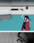 Moody teal anime desk pad 36x16 inches, dark hair contrast, soft smoke curl, clean lines and sass.