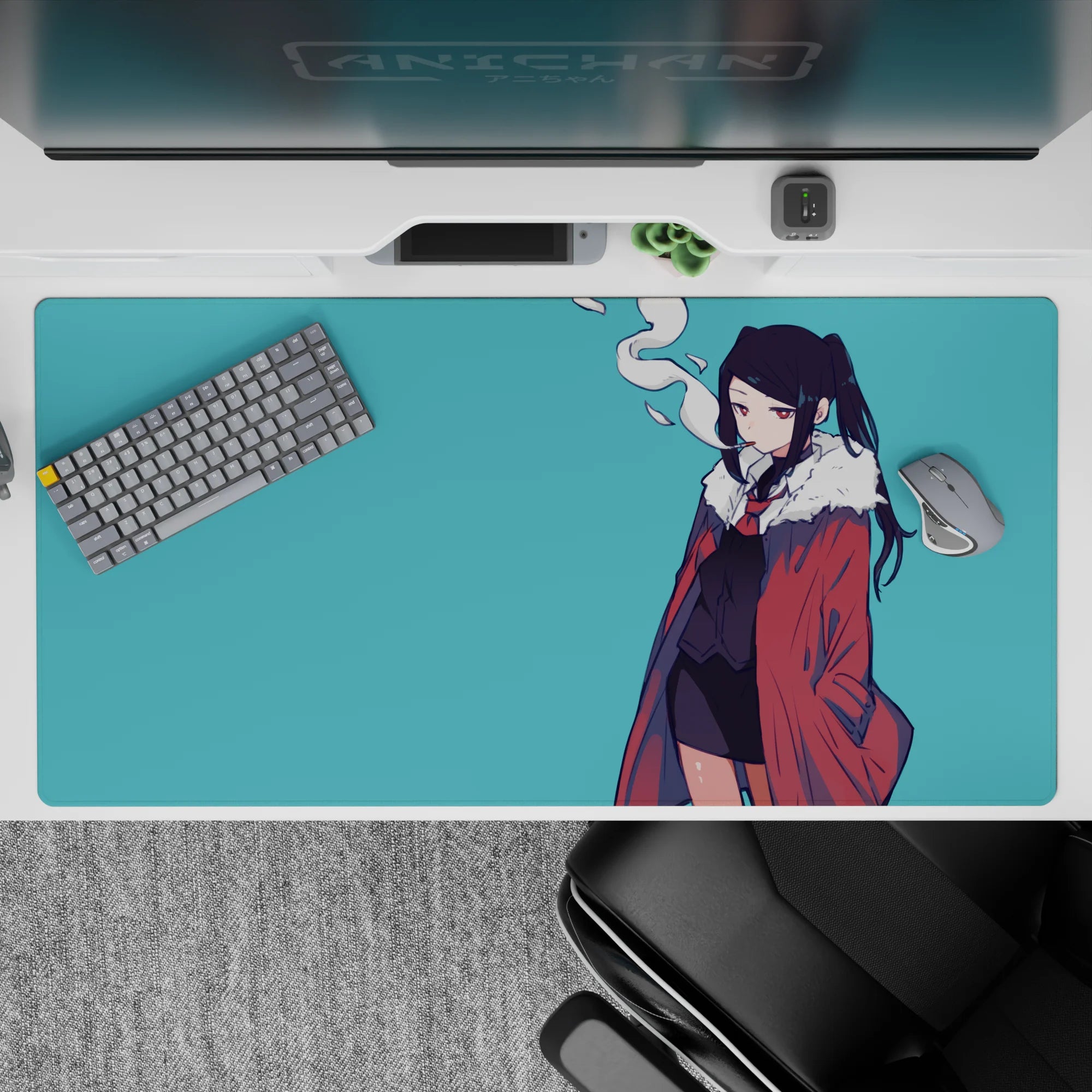 Teal backdrop anime desk pad 40x20 inches with moody vibes, soft smoke curl, and bold red accents.