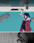 Teal backdrop anime desk pad 40x20 inches with moody vibes, soft smoke curl, and bold red accents.