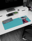 Calm twin-tail anime girl mouse pad 32x12 inches, hands tucked, half-lidded gaze, smoke drifting up.