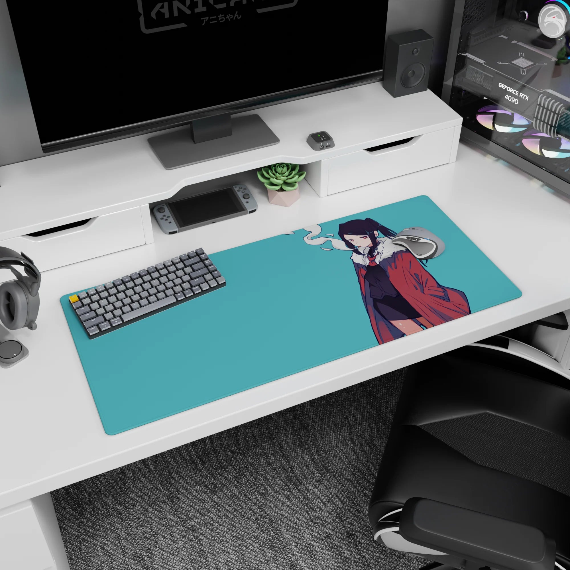 Half-lidded twin-tail anime girl desk pad 36x16 inches, hands in pockets, red coat over black outfit.